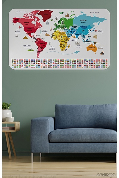 SONİKON LİNE Educational Capital Detailed World Map Wall Sticker with Turkish Country Flags, Decorative, 3861
