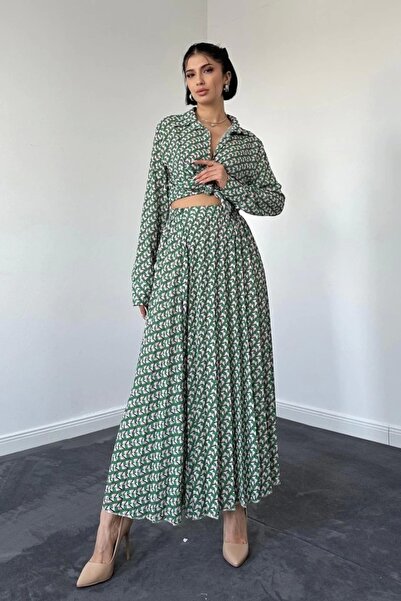 MODA Eleva Femme Patterned Viscose Shirt and Skirt Set - Green
