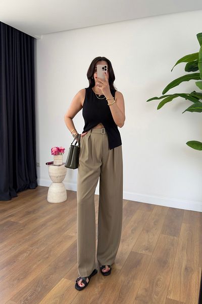 BİRCANÇİL Zr Jenner Khaki Self Belted Straight Pants