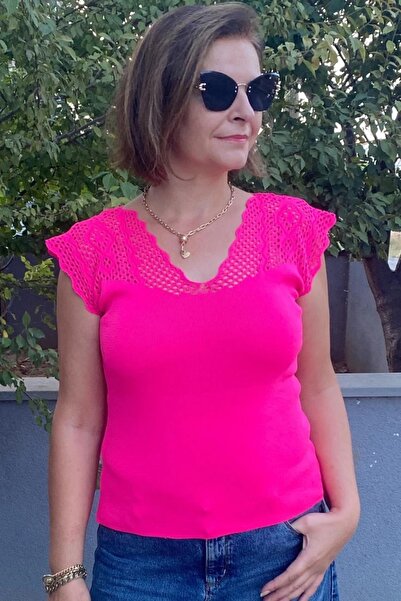 Mia Butik Women's Pink Zero Sleeve Openwork Knitwear Blouse