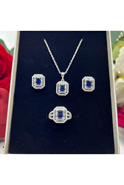 Victoria Safir Mavisi Baget Kadın 3'lü Takı Seti 925 Ayar Gümüş Zirkon Taşlı
