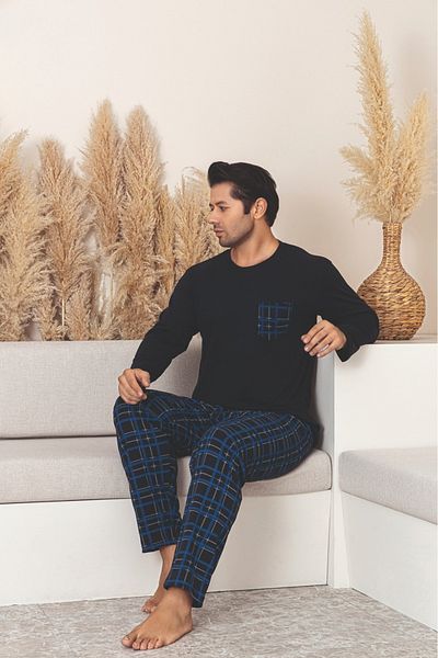 Sude HOMEWEAR Men's Plaid Pocket Long Sleeve Pajama Set