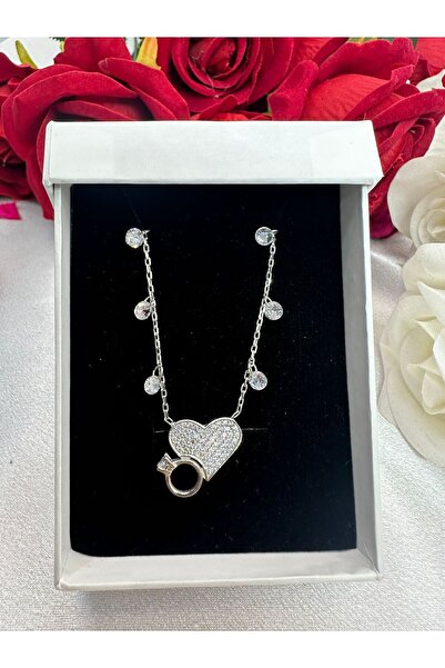 Victoria Tektaş Yüzüklü Kalp Kadın Kolyesi 925 Ayar Gümüş Rodyumlu Zirkon Taşlı