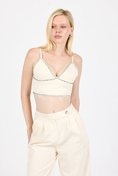 Eco Sense Cream Color Suspender Crop Top with V-Neck and Metallic Detail - Stylish Design Women Bustier