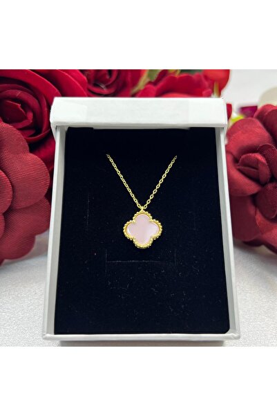Victoria Yonca Pembe Taşlı Kadın Kolyesi 925 Ayar Gümüş Altın Kaplama 12 mm