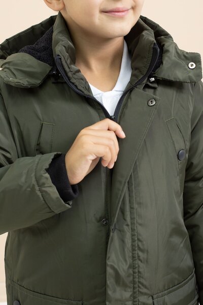 Cansın Mini Khaki Fur Inside Snap Pocket Long Cut Boys Hooded down Jacket 21445