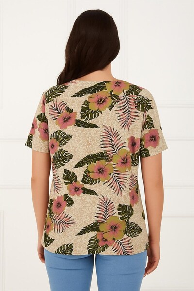 Seamoda Large Size Round Neck Flower Pattern Short Sleeve Tshirt-Beige