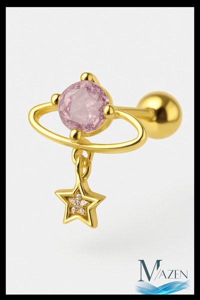 MAZEN Pink Stone Planet and Star Model Steel Tragus Helix Piercing |   Women's Ear Cartilage Accessory