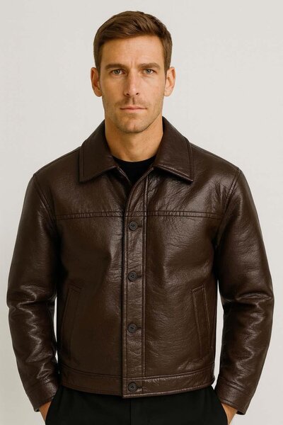 Valiberta Denzel Buttoned Side Pocket Leather Look Men's Jacket - Brown