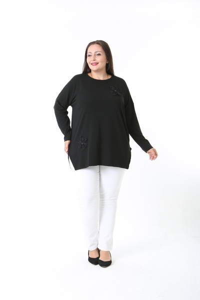 XL Modam Black Lycra Viscose Plus Size Tunic with Flower Detail