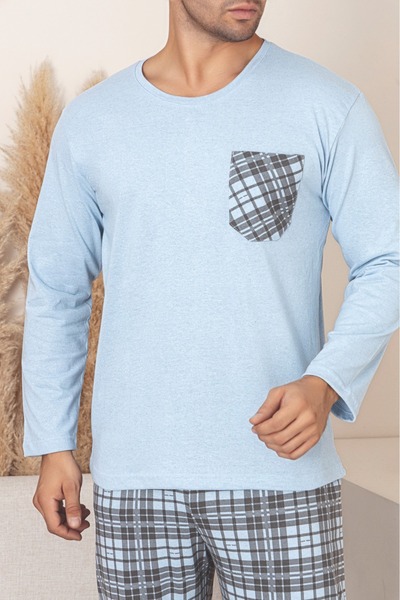 Sude HOMEWEAR Men's Plaid Pocket Long Sleeve Pajama Set