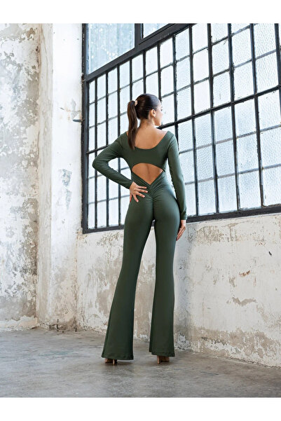 lismina Haki Yeşil Uzun Kollu Arkası Büzgülü ( Scrunch Butt ) Spor Tayt Tulum