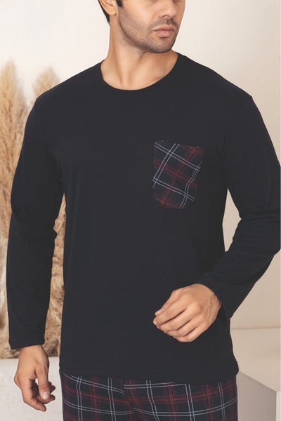 Sude HOMEWEAR Men's Plaid Pocket Long Sleeve Pajama Set