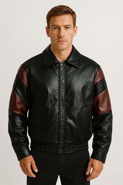 Valiberta Burton Men's Leather-Look Jacket with Garnished Sleeves and Zipper - Burgundy Black
