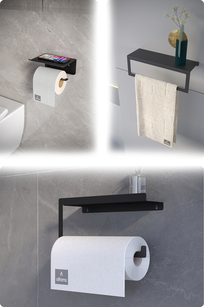 alfams by fmsa Metal Set of 3 |   Toilet Paper Holder + Towel Rack + Paper Towel Holder – Hanger & Shelf Use, Long Lasting