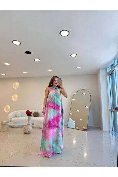 Şulenin Butiği HALTER YAKA RENK GEÇİŞLİ SATEN ELBİSE PEMBE