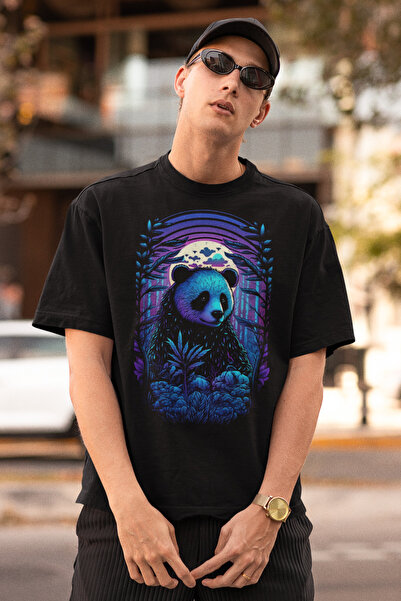 ST.BERNARD Oversize Unisex T-Shirt Siyah 'Panda' Baskılı
