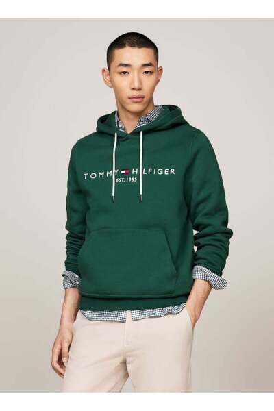 Tommy Hilfiger Erkek Logolu Kapüşonlu Uzun Kollu Günlük Kullanım Yeşil Sweatshirt MW0MW11599-L6K