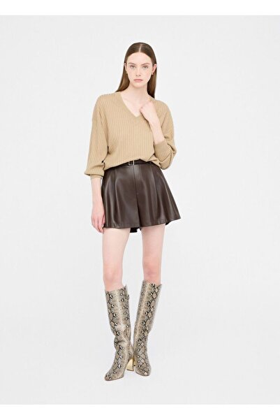 Liu Jo Women's Comfortable Fit V-Neck Long Sleeve Ribbed Beige Sweater Mf5390Ms46J-04869