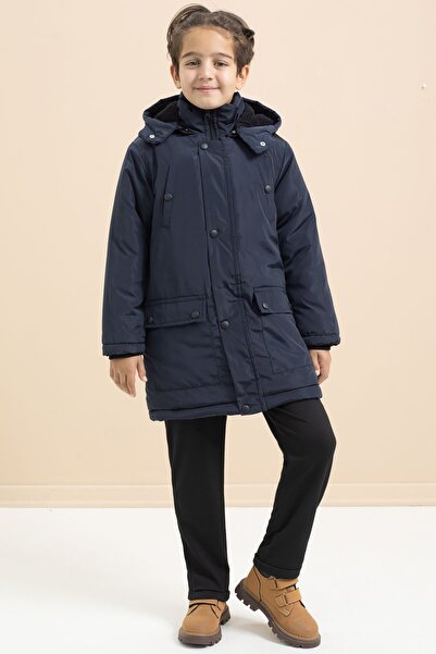 Cansın Mini Navy Blue Fur Inside Snap Pocket Long Cut Boys Hooded down Jacket 21446