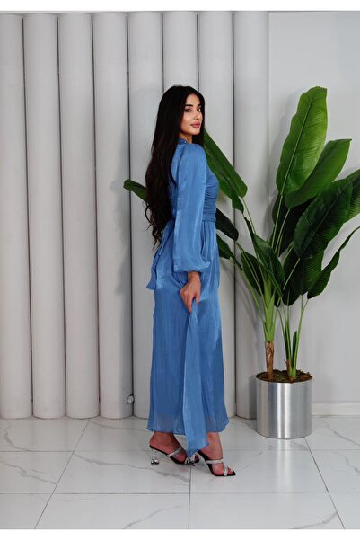 Moda Siesta Mavi Yoryo Saten Şifon Taş Detaylı Uzun Elbise