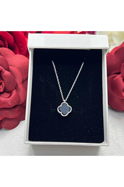 Victoria Van Cleef Yonca Siyah Taşlı Kadın Kolyesi 925 Ayar Gümüş Rodyumlu 10 mm