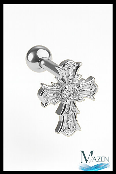 MAZEN Haç Tragus Helix Piercing | Zirkon Taşlı Kulak Kıkırdak Piercing | Kadı...