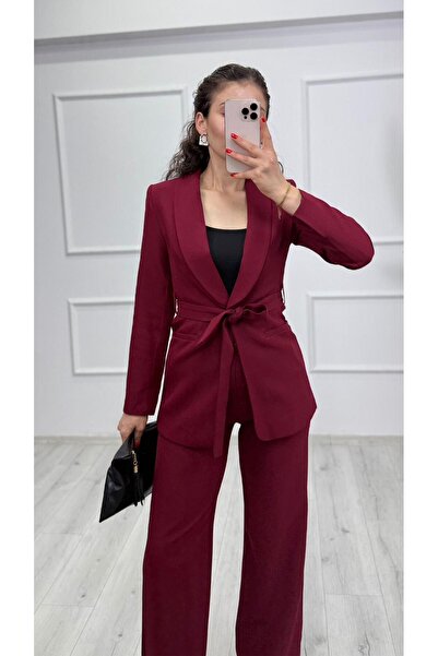 TUNAM BUTİK 1600 Belted Blazer Jacket Trousers Suit Claret Red