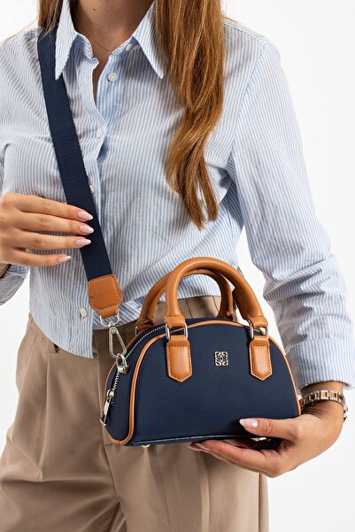 grand coco Kadın Şık Lacivert Taba Detaylı Yandan Çapraz Askılı El Ve Omuz Ça...