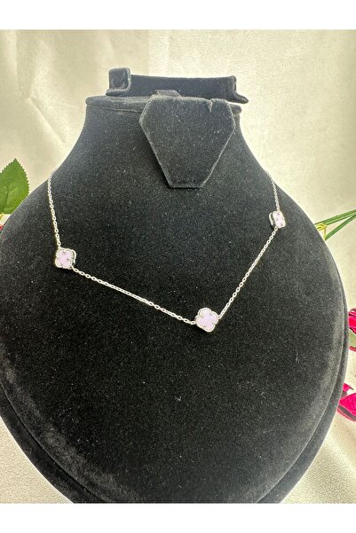 Victoria Van Cleef Yonca 3'lü Pembe Taşlı Kadın Kolyesi 925 Ayar Gümüş Rodyumlu 8 mm