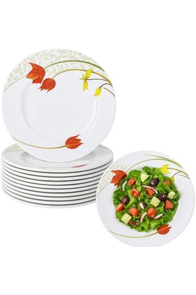 SAQOWARE Set of 12 Pcs High Grade Melamine Side Salad Plates with Tulip Design - 6.5 Inch, Durable,