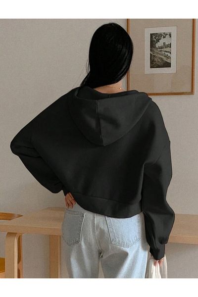 BYMEER Black Zippered Hooded Crop Sweat Cardigan
