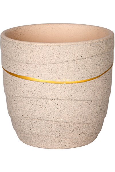 Herdekora Seramik Saksı Gold Şeritli Bej 12x11,5 Cm.
