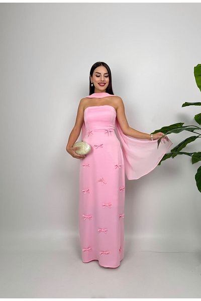 maf collection Women's Pink Satin Strapless Ribbon Shawl Detail Evening Dress Homecoming Dress