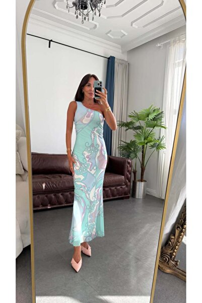 BOLESA GİYİM Mint Yeşil Tek Kol Desenli Şifon Elbise