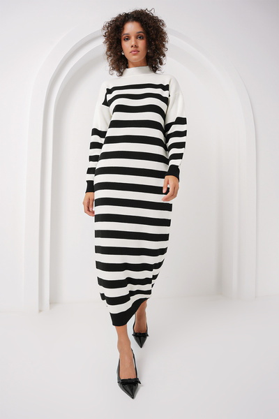 Merterium Women's Striped Long Knitwear Dress B.White 1136