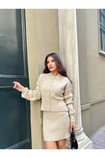 Lusin Women's Beige Sweater Skirt Bottom Top Double Knitwear Set