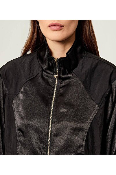 Liu Jo Women's Comfortable Fit Stand Collar Long Sleeve Satin Bomber Black Jacket Tf5019T3767-22222