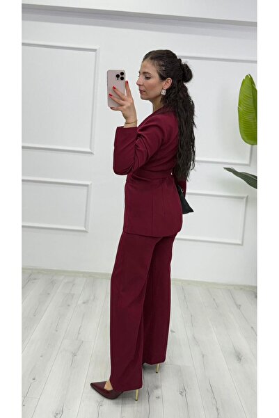 TUNAM BUTİK 1600 Belted Blazer Jacket Trousers Suit Claret Red