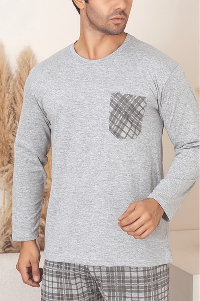 Sude HOMEWEAR Men's Plaid Pocket Long Sleeve Pajama Set