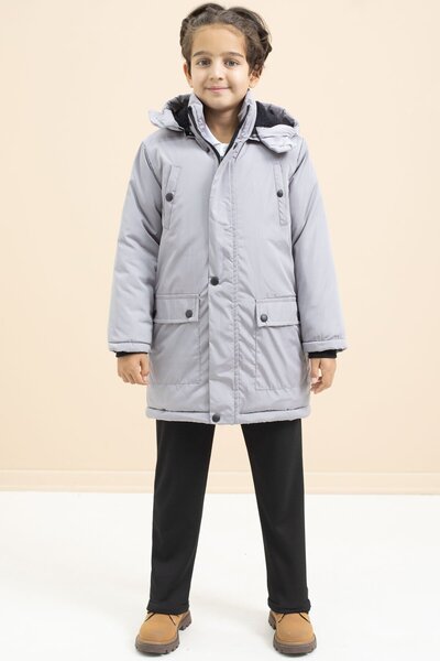 Cansın Mini Gri İçi Kürklü Çıtçıtlı Cepli Uzun Kesim Erkek Çocuk Kapüşonlu Şişme Mont 21448