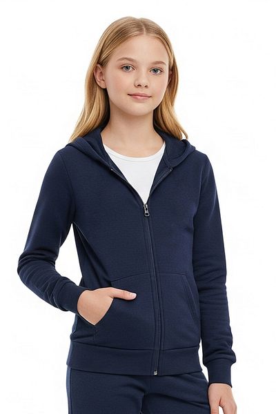 FYK KİDS Zipped Hooded Kangaroo Pocket Solid Printless Girl's Tracksuit Set