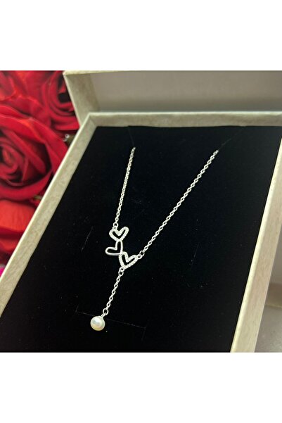 Victoria İnci Sallantılı Üç Kalp Kadın Kolyesi 925 Ayar Gümüş Zincirli Rodyum...
