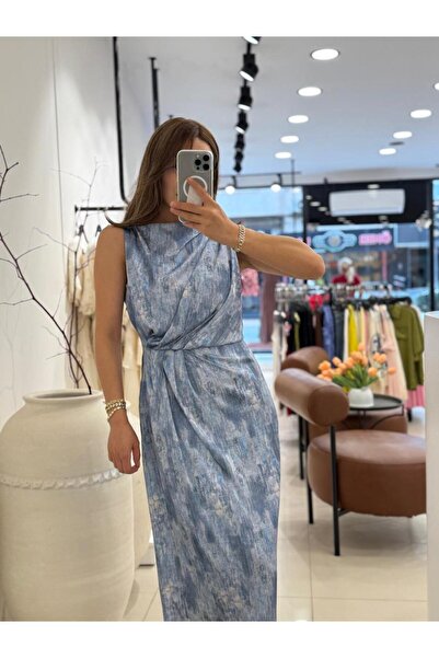 Şulenin Butiği MAVİ GEÇİŞLİ KRUVAZE SATEN ELBİSE