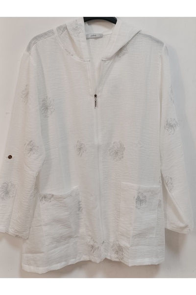 AKŞEN GİYİM Large Size 100% Cotton Linen Glitter Flower Embroidered 80 cm Base Covering Size Hooded Jacket