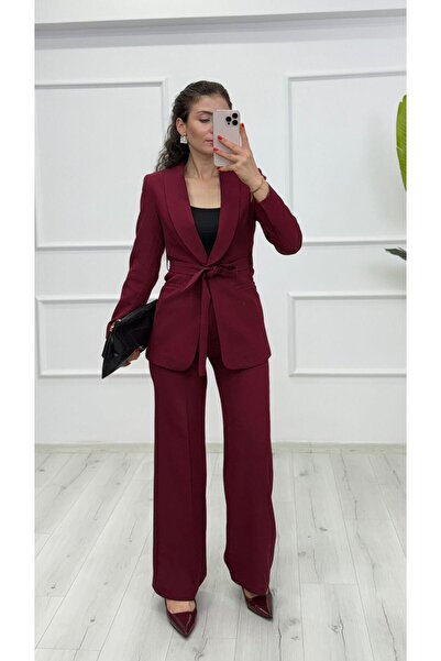 TUNAM BUTİK 1600 Belted Blazer Jacket Trousers Suit Claret Red