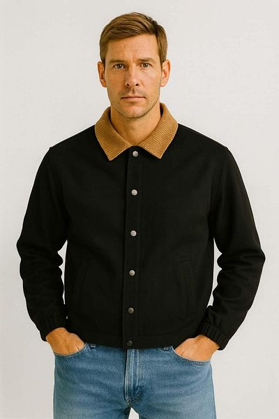 Valiberta Lauri Workwear Style Tok Fabric Men's Comfortable Fit Jacket with Velvet Collar - Black