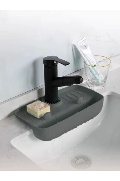 Bayev Sane Gri Silikon Musluk Matı - Süngerlik Hazneli Tezgah Matı