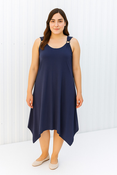 Cancanlı Kumaşçılık Plus Size Cotton Combed Comfortable Summer Dress - Navy Blue