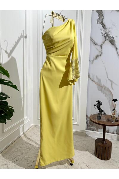 leevan fashion Yellow off-shoulder one-sleeve sequin embroidered evening dress